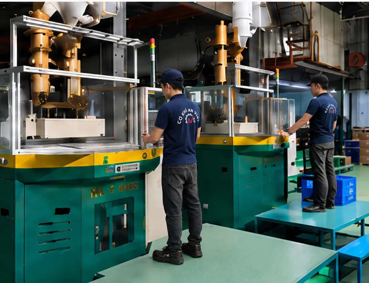 Hai công nhân An Việt vận hành máy ép nhựa trong khu vực sản xuất 5S